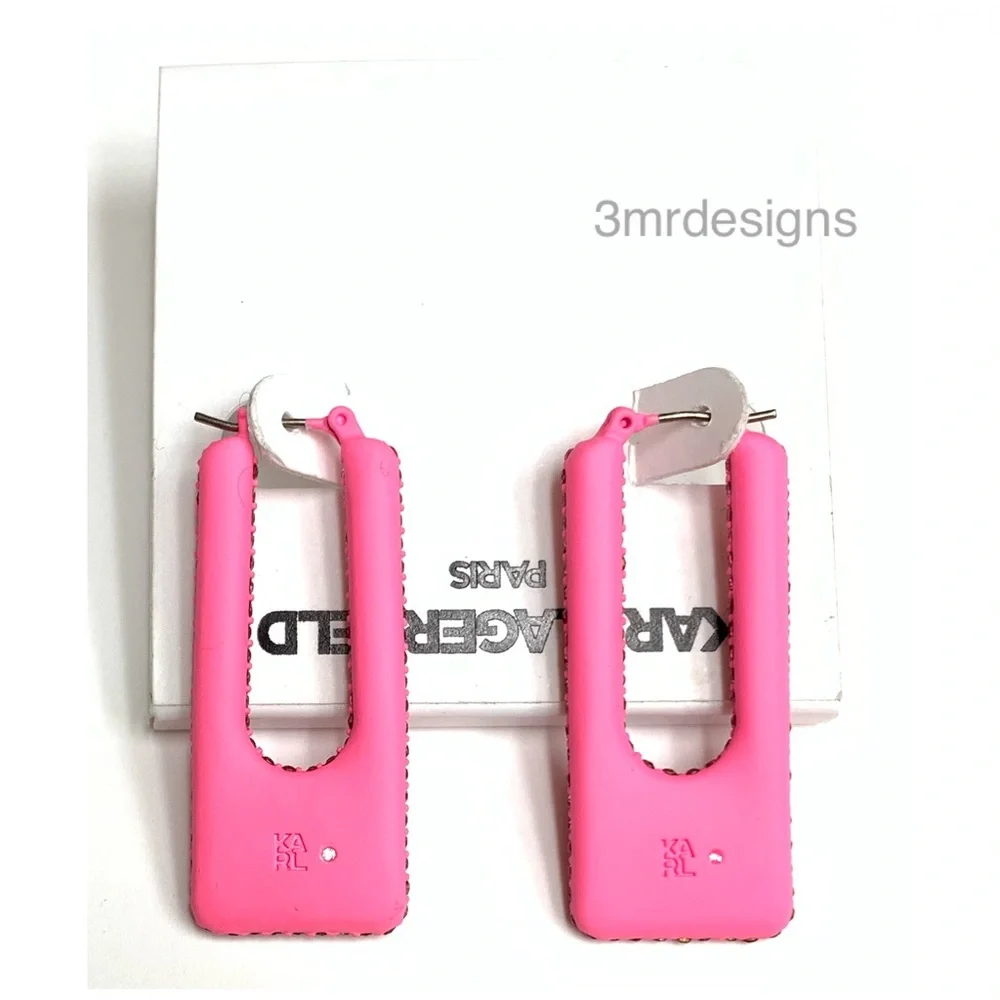 NWT KARL LAGERFELD Pink Color-Coated Glass Crystal Square Hoop Earrings - Picture 5 of 7